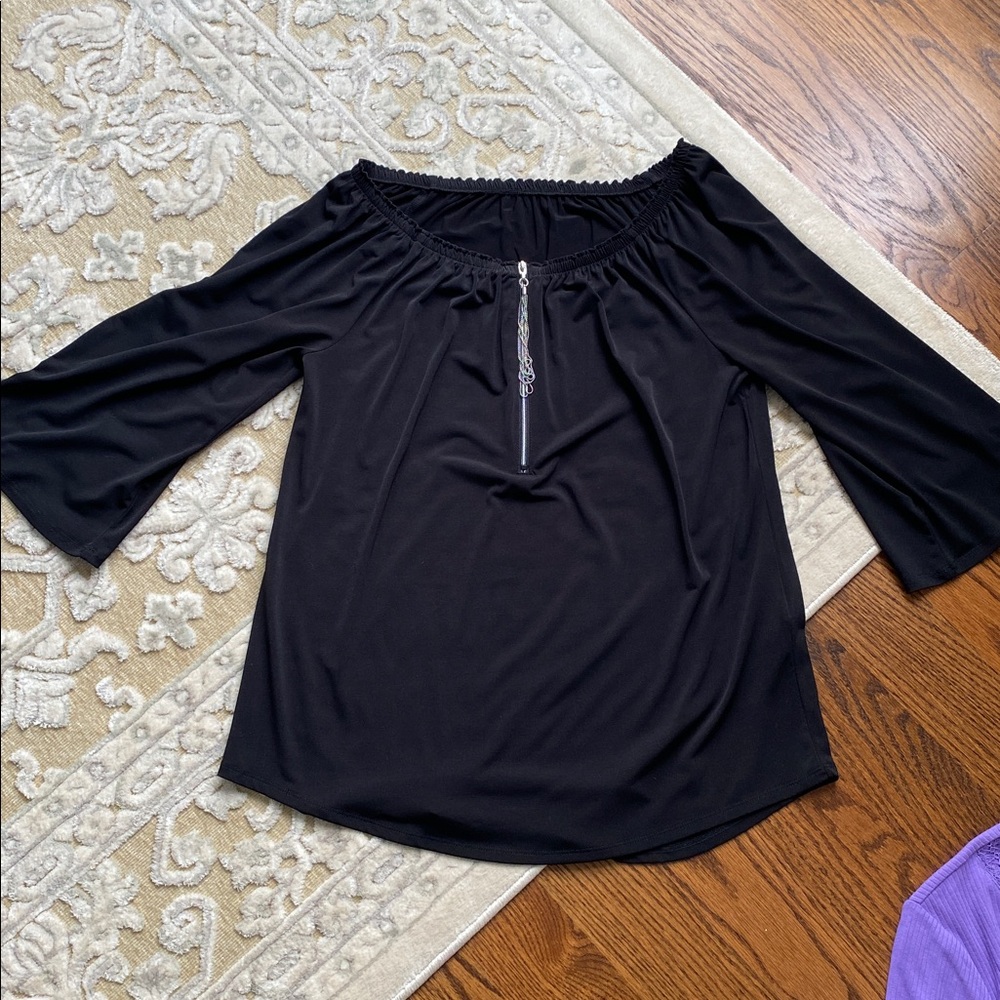 Chico's Black Off-Shoulder Top with Front Zip